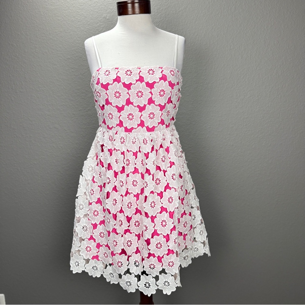 Ultramarine Pink white Crochet Detail Floral Dress Sz S Boho Kentucky Derby - Picture 4 of 10